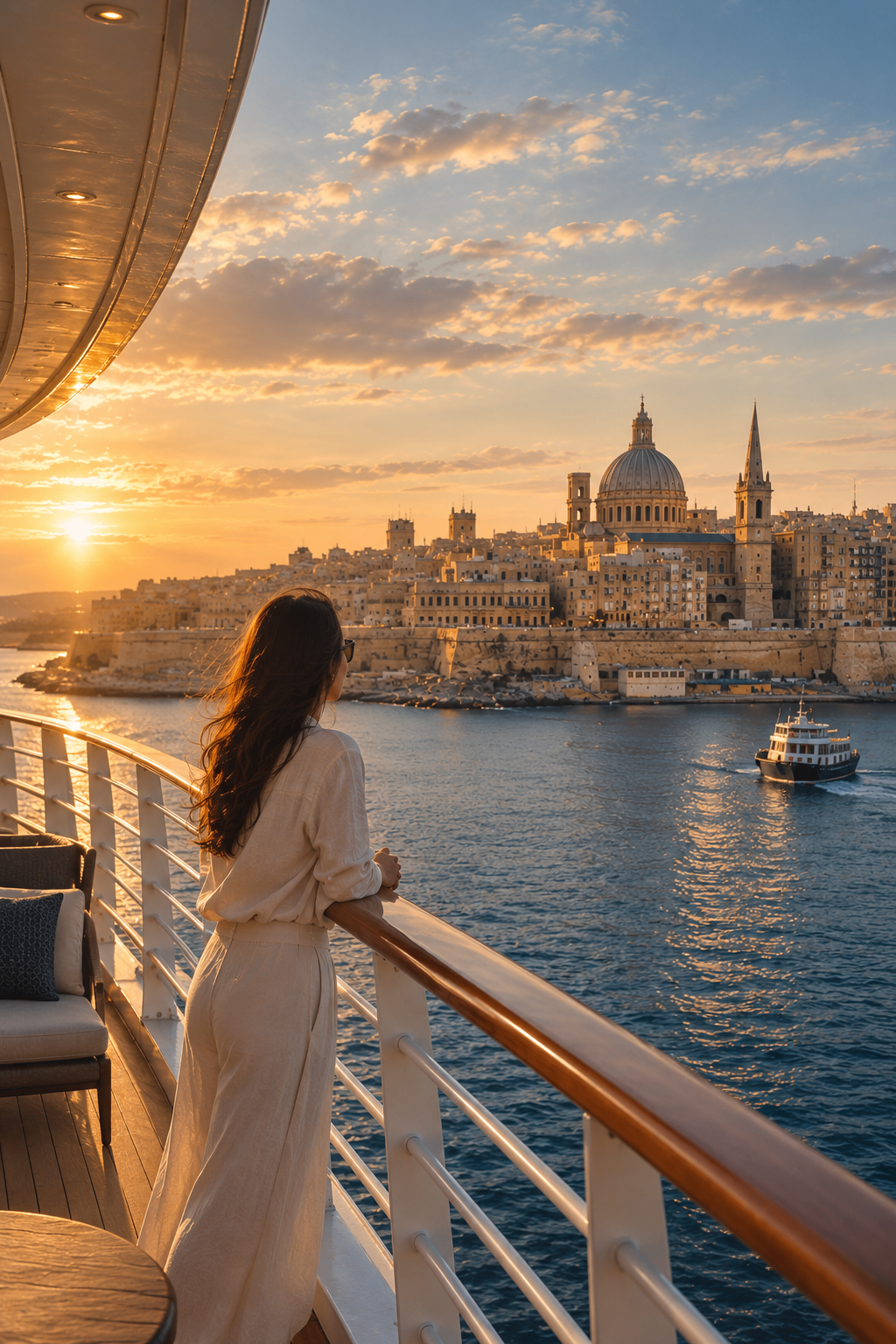 Mulher no convés de um navio contemplando a cidade ao pôr do sol