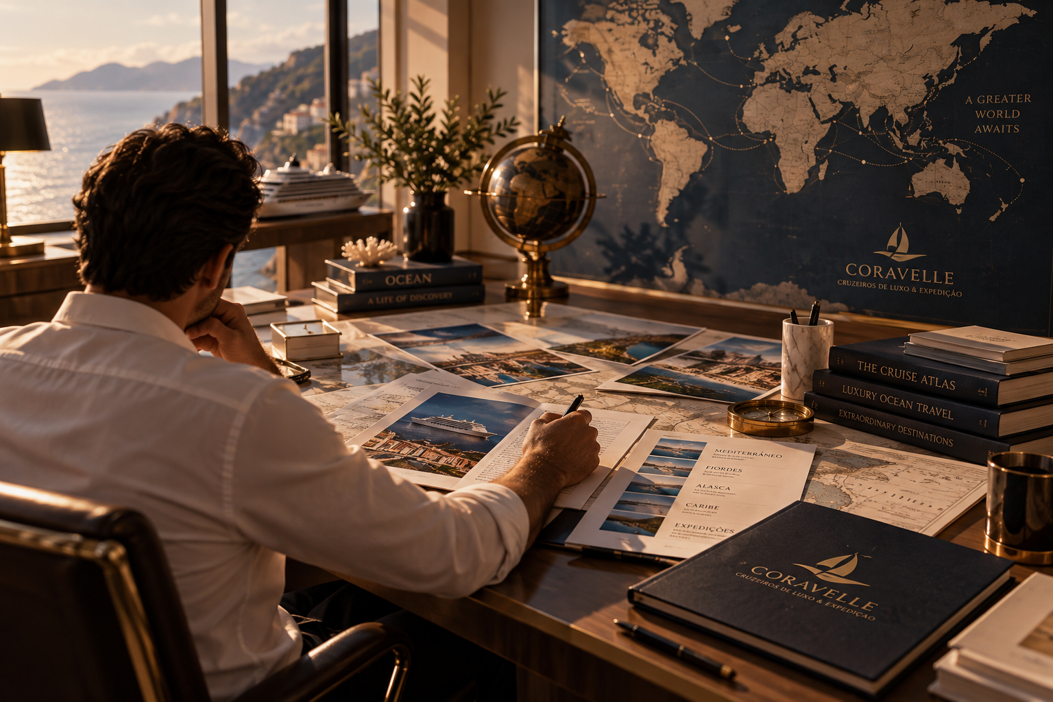 Especialista analisando mapas e roteiros de viagem