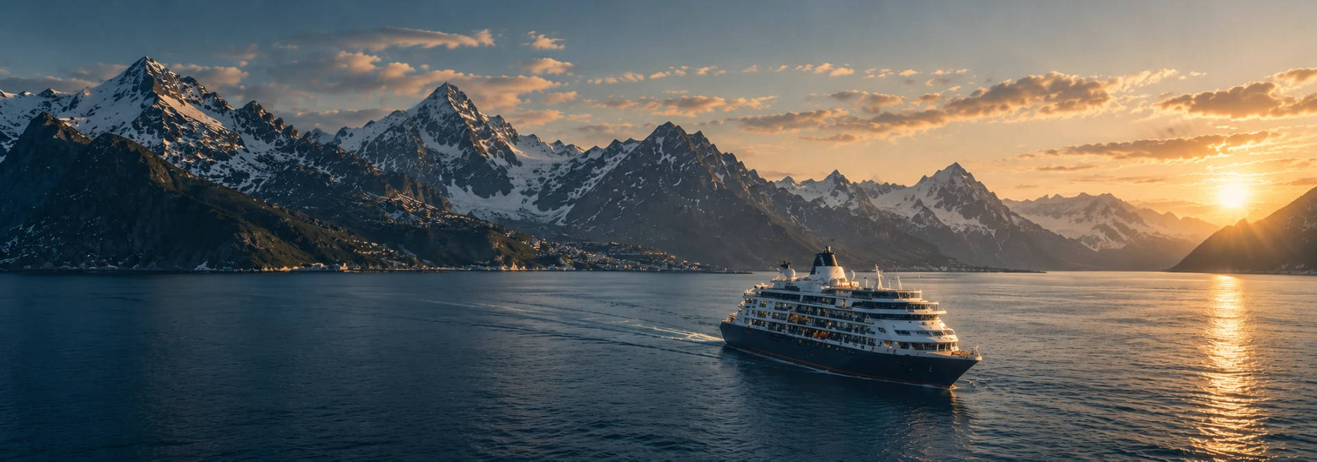 Navio de luxo navegando ao pôr do sol entre montanhas nevadas e oceano profundo