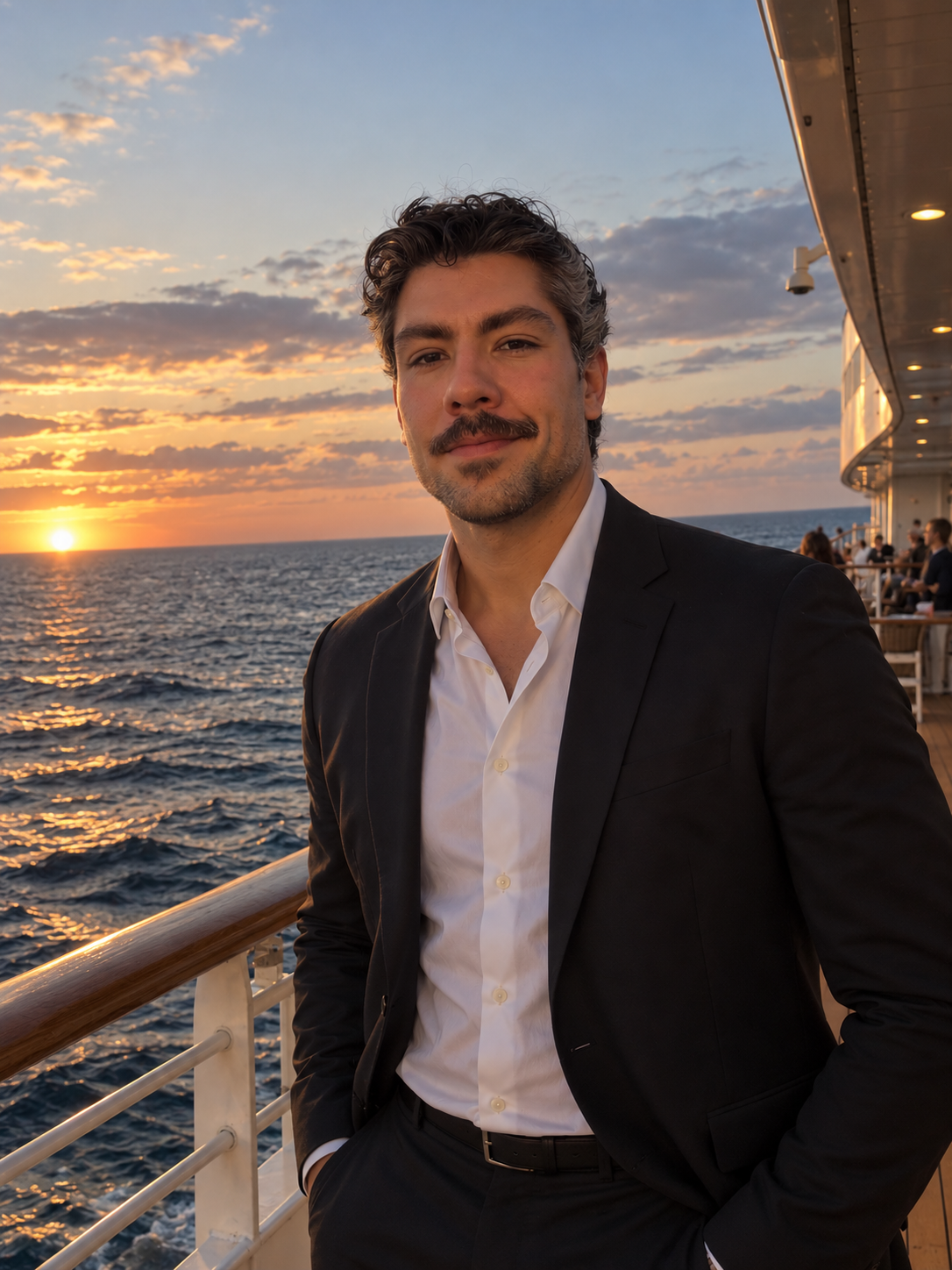 Gui Coradello no convés de um navio ao pôr do sol