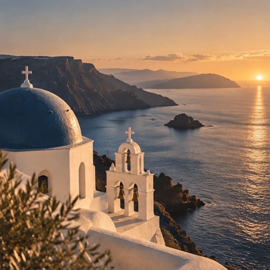 Santorini ao pôr do sol com cúpulas azuis e mar ao fundo