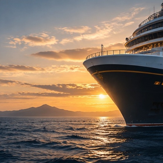 Navio de cruzeiro navegando ao pôr do sol