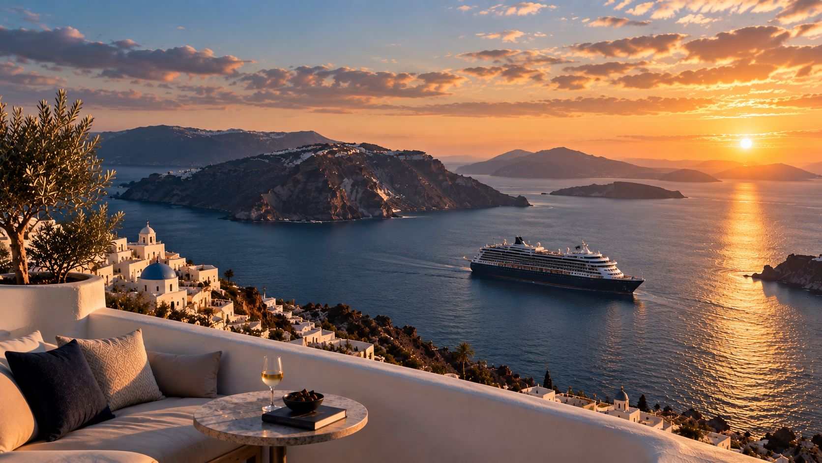 Cruzeiro navegando por Santorini ao pôr do sol